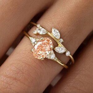 NEW 18k Yellow Gold Champagne Diamond Ring Oval Cut Ring Set of 2 Bands